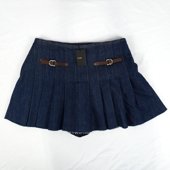 Maje Short Denim Pleated Skirt with Lining in Marine Blue Size 36 (NWT) - Picture 2 of 13